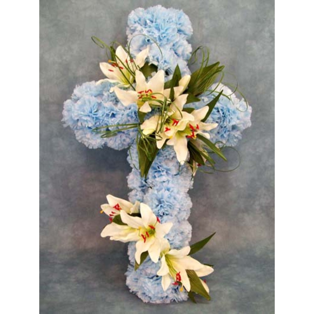Silk Flower Sympathy Cross Pale Blue Memorial Tributes